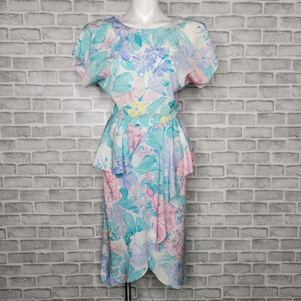 Vintage 80s Peplum Floral Dress by Young Edwardian, size 5/6
